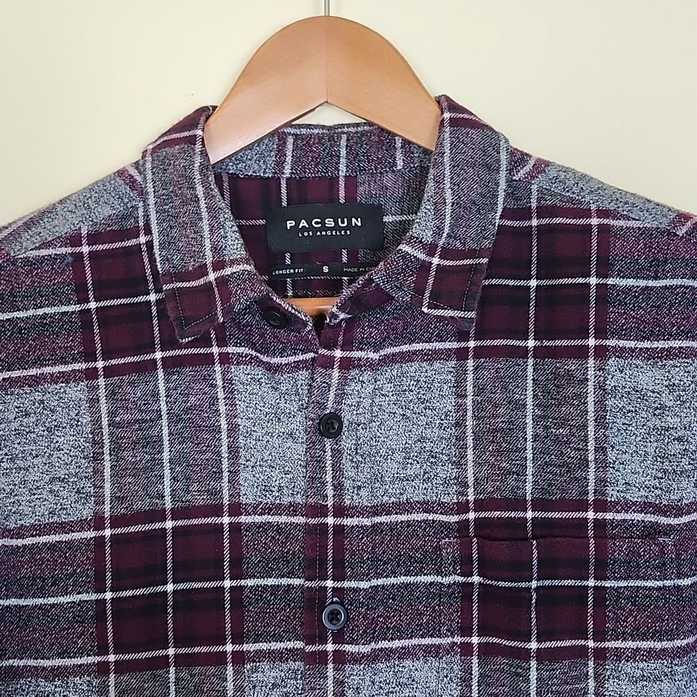 PacSun Gray, Maroon & Black Plaid, Longer Fit, Long Sleeve, Flannel Shirt
